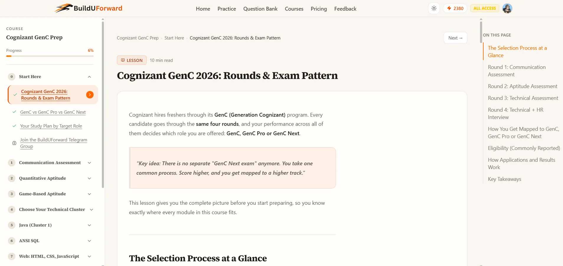 Cognizant GenC 2026 Rounds and Exam Pattern lesson, with the module sidebar on the left and the On this page outline on the right