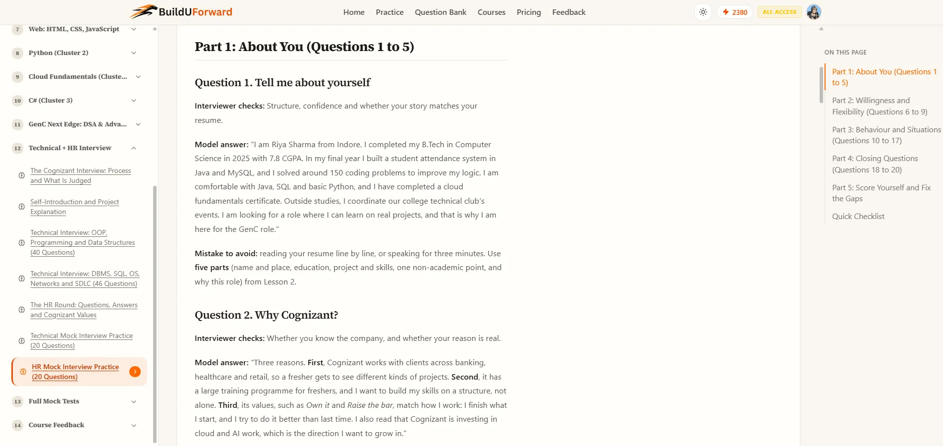 HR mock interview practice: questions with what the interviewer checks, a model answer and a mistake to avoid